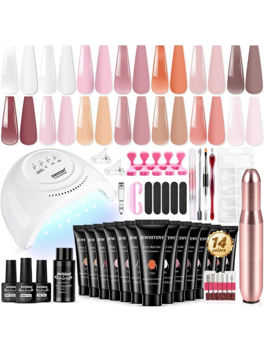 14 Pcs Poly Gel Nail Extension Kit with Drill & UV Light - All-in-One Starter